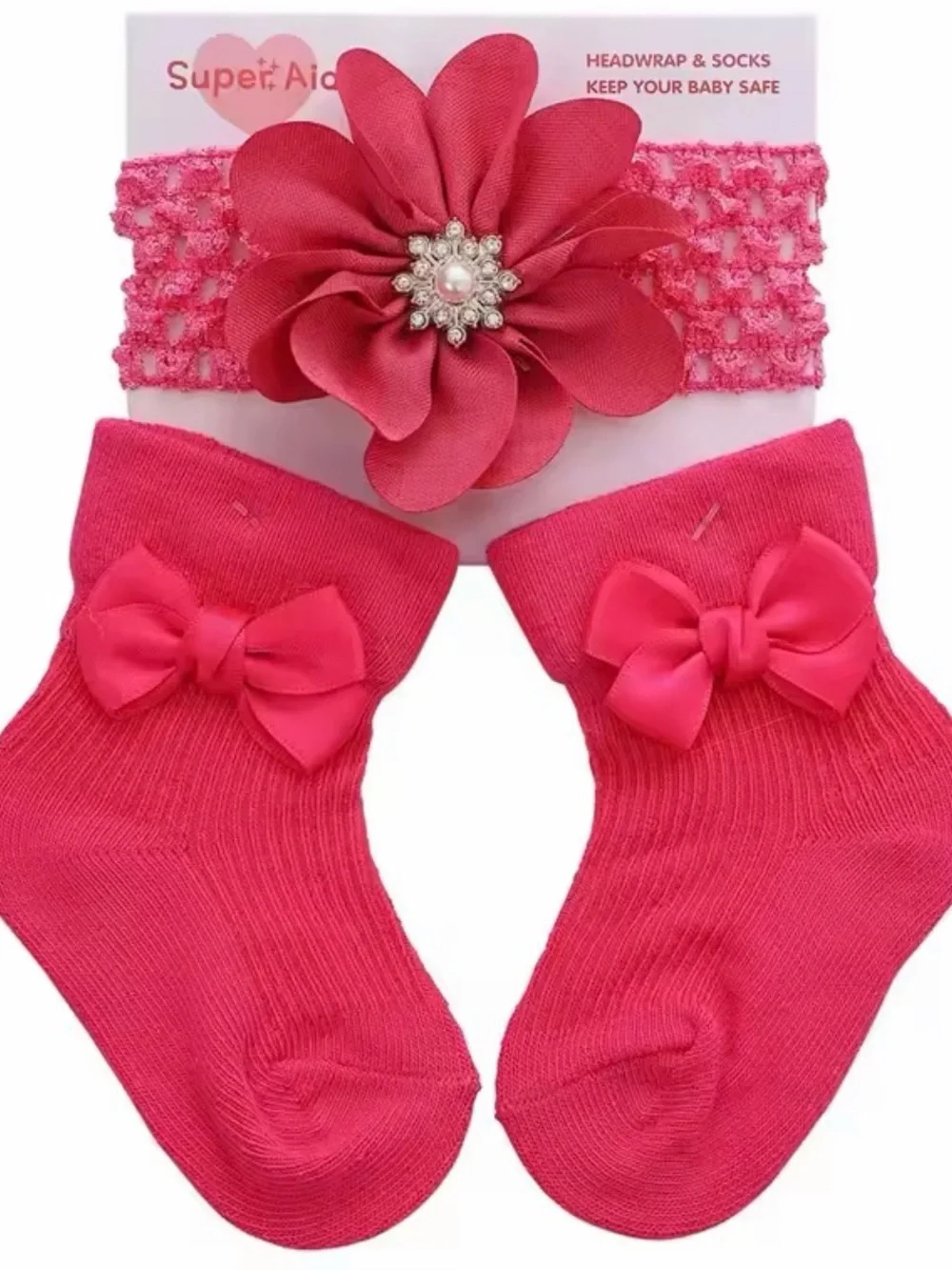 Baby Red Flower Headband and Bow Sock Set by